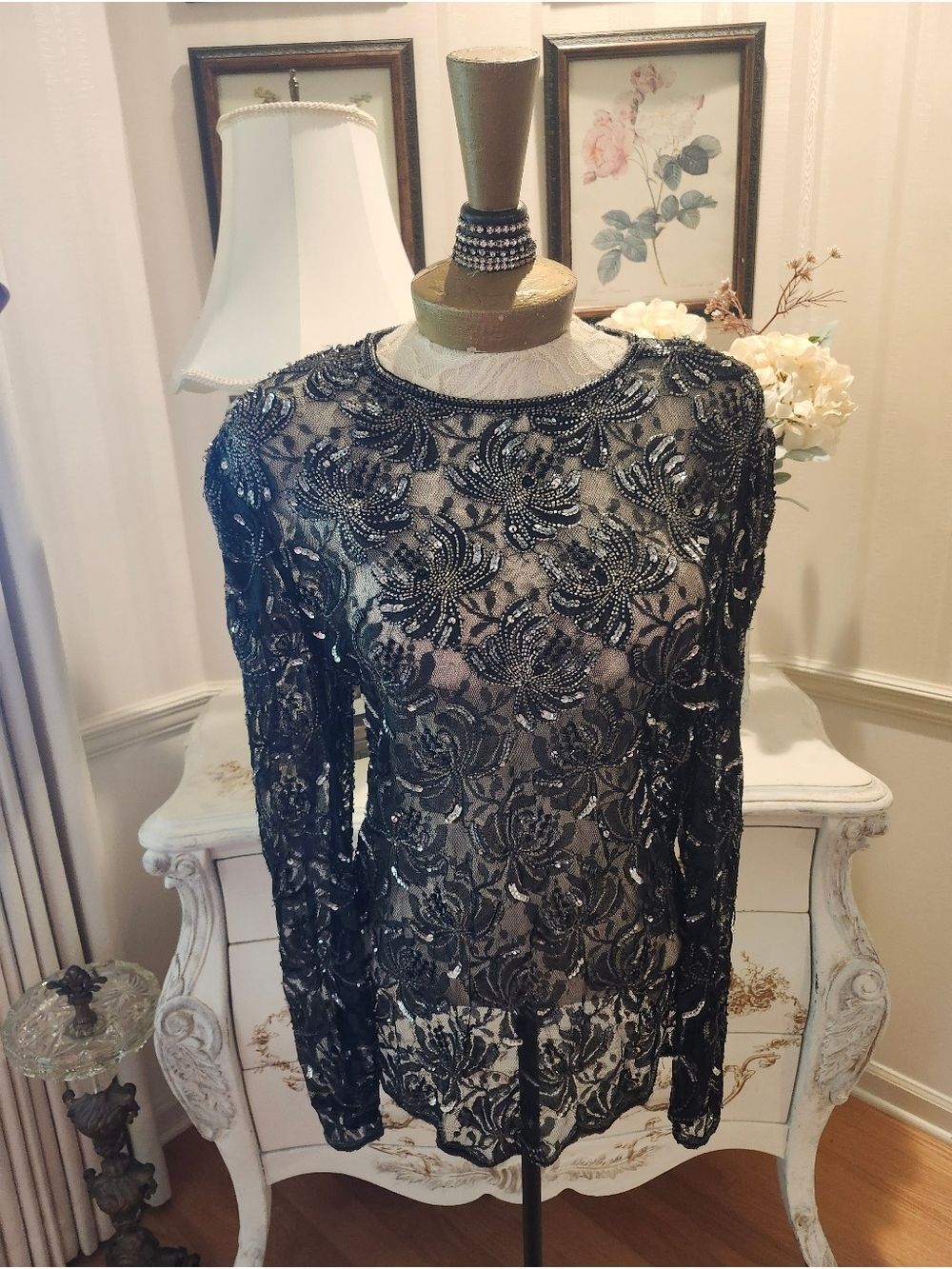 Vintage Scala Fully Beaded Sheer  Red Carpet Evening Top Black And Silver M/L